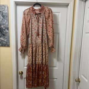 Brown Ruffled Tiered Sundress with Bishop Sleeves